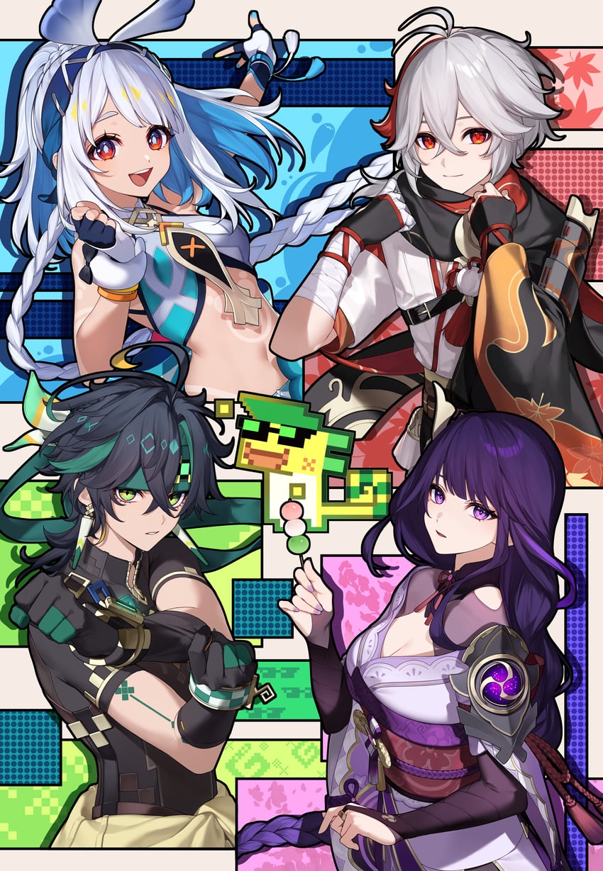 raiden shogun, kaedehara kazuha, mualani, kinich, and ajaw (genshin impact) drawn by ebibi_chiriri
