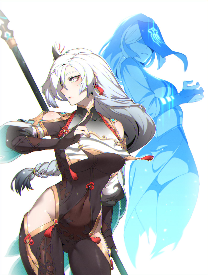 shenhe and shenhe's talisman spirit (genshin impact) drawn by pinkboy