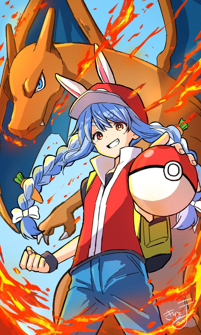 usada pekora, red, and charizard (pokemon and 2 more) drawn by kiritoma
