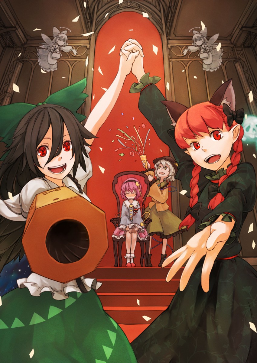komeiji koishi, komeiji satori, kaenbyou rin, reiuji utsuho, and zombie fairy (touhou and 1 more) drawn by totteri
