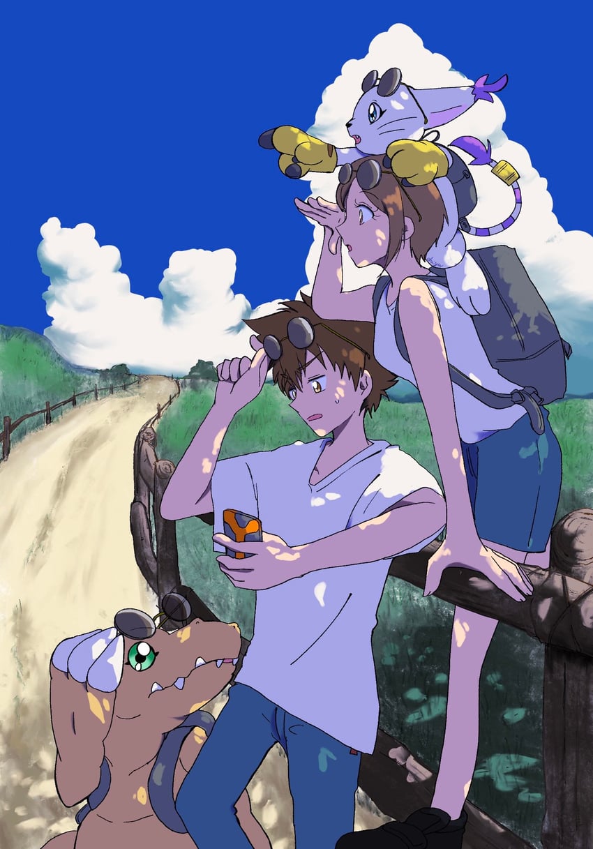 yagami hikari, yagami taichi, tailmon, and agumon (digimon and 1 more) drawn by chiyu_(user_hrwu2257)