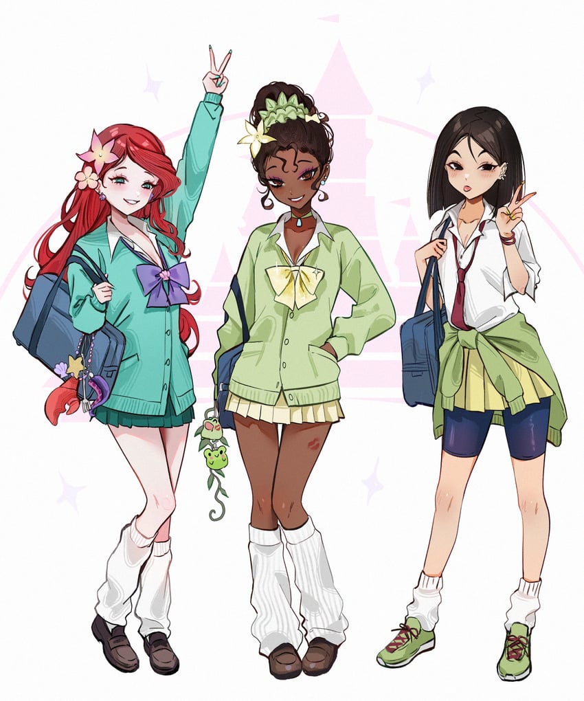 ariel, fa mulan, and tiana (disney and 4 more) drawn by ompf