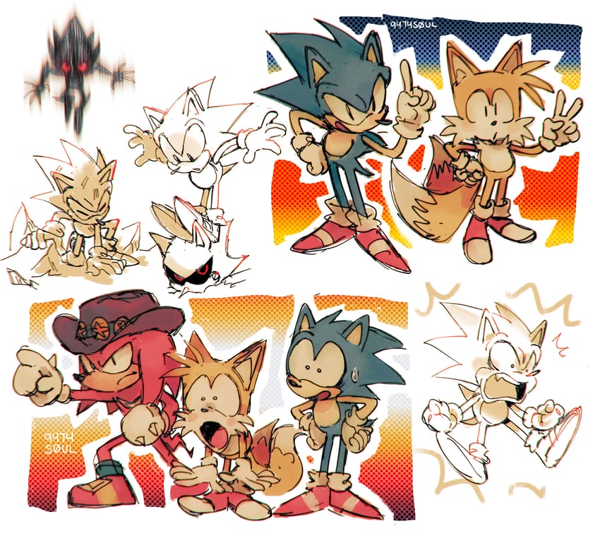 sonic the hedgehog, tails, knuckles the echidna, metal sonic, classic sonic, and 3 more (sonic and 1 more) drawn by 9474s0ul