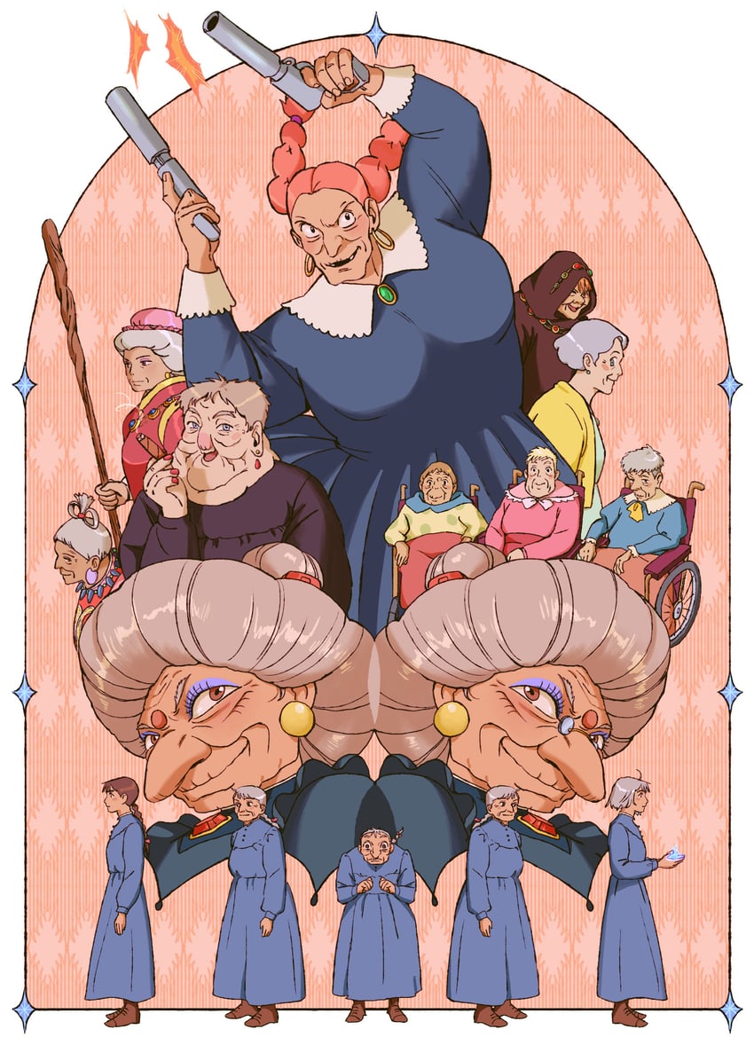 sophie hatter, yubaba, dola, witch of the waste, obaba, and 6 more (studio ghibli and 7 more) drawn by mohtz