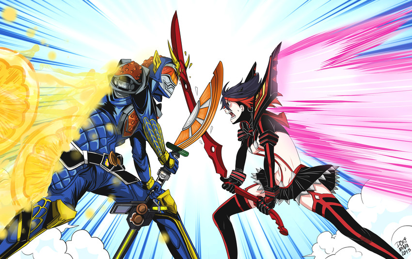 matoi ryuuko, senketsu, and kamen rider gaim (kill la kill and 2 more) drawn by dokinana