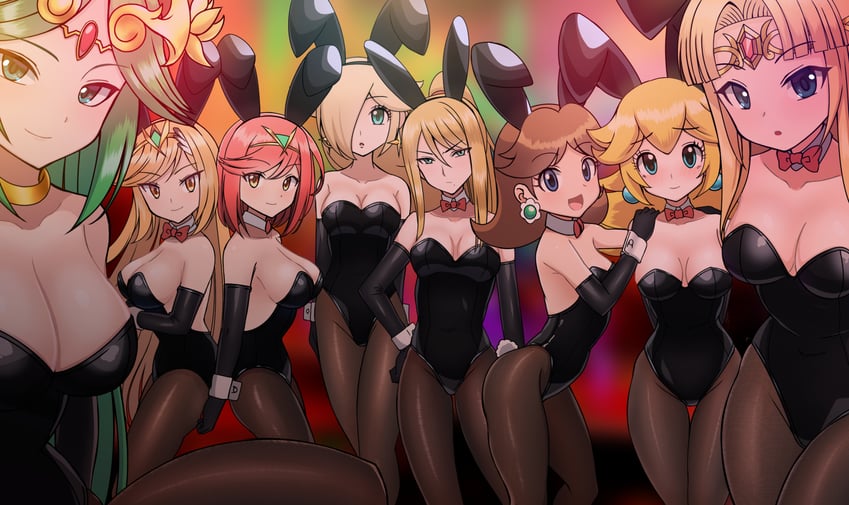 princess zelda, pyra, princess peach, mythra, samus aran, and 3 more (the legend of zelda and 9 more) drawn by zetsuei_(zetto)