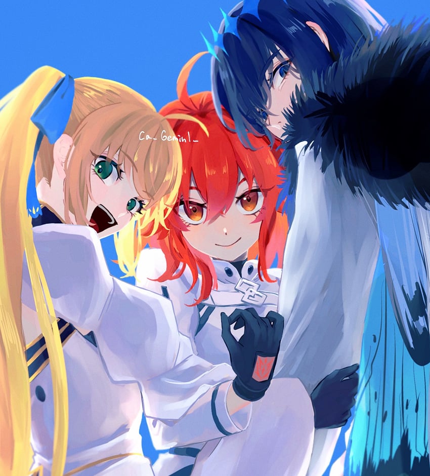 artoria pendragon, fujimaru ritsuka, artoria caster, and oberon (fate and 1 more) drawn by ca_(ca_gemini)