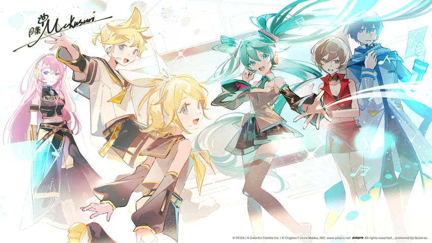 hatsune miku, kagamine rin, kagamine len, megurine luka, kaito, and 1 more (vocaloid and 1 more) drawn by satonishi