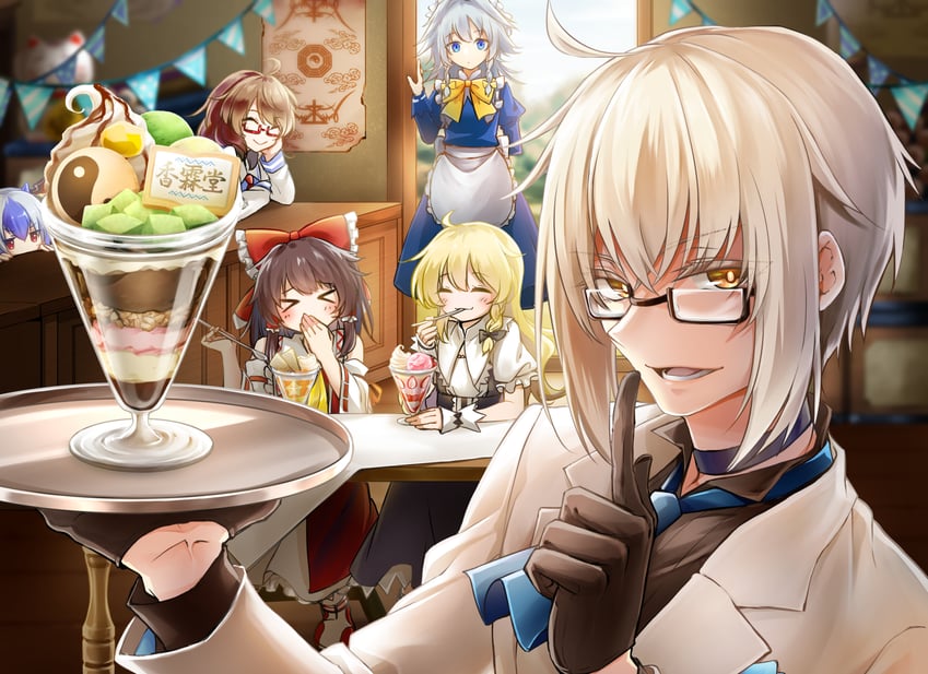 hakurei reimu, kirisame marisa, izayoi sakuya, morichika rinnosuke, usami sumireko, and 1 more (touhou and 1 more) drawn by kinese_(katasutorohu)
