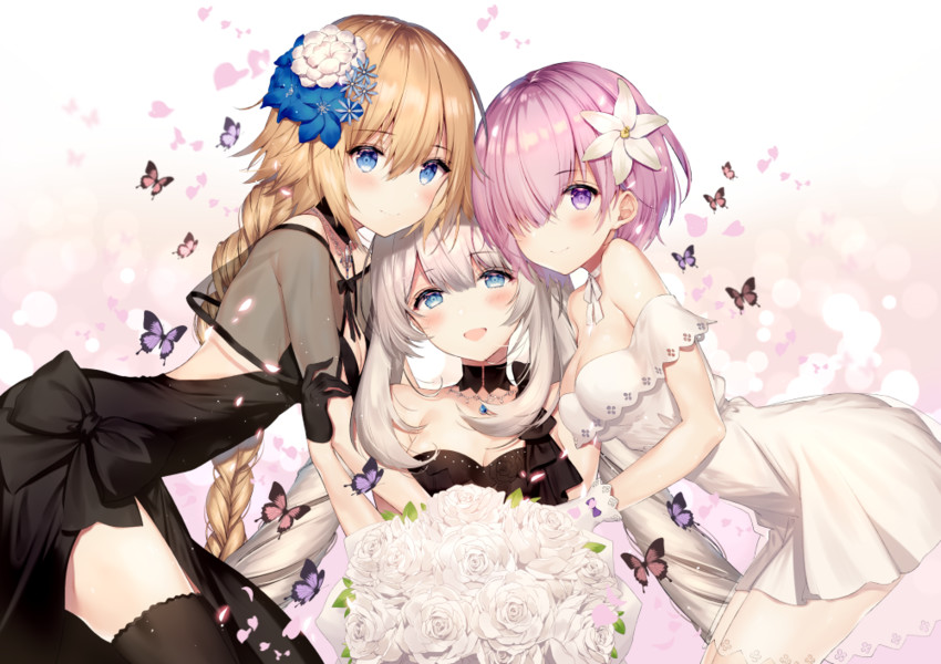 mash kyrielight, jeanne d'arc, and marie antoinette (fate and 1 more) drawn by necomi
