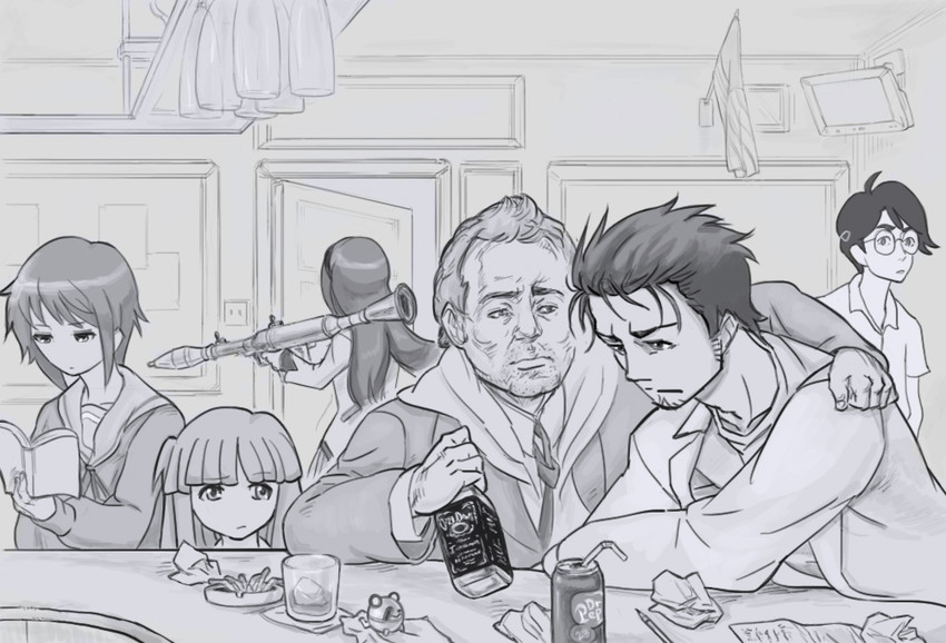 akemi homura, nagato yuki, furude rika, okabe rintarou, watashi, and 2 more (mahou shoujo madoka magica and 5 more) drawn by bb_(baalbuddy)