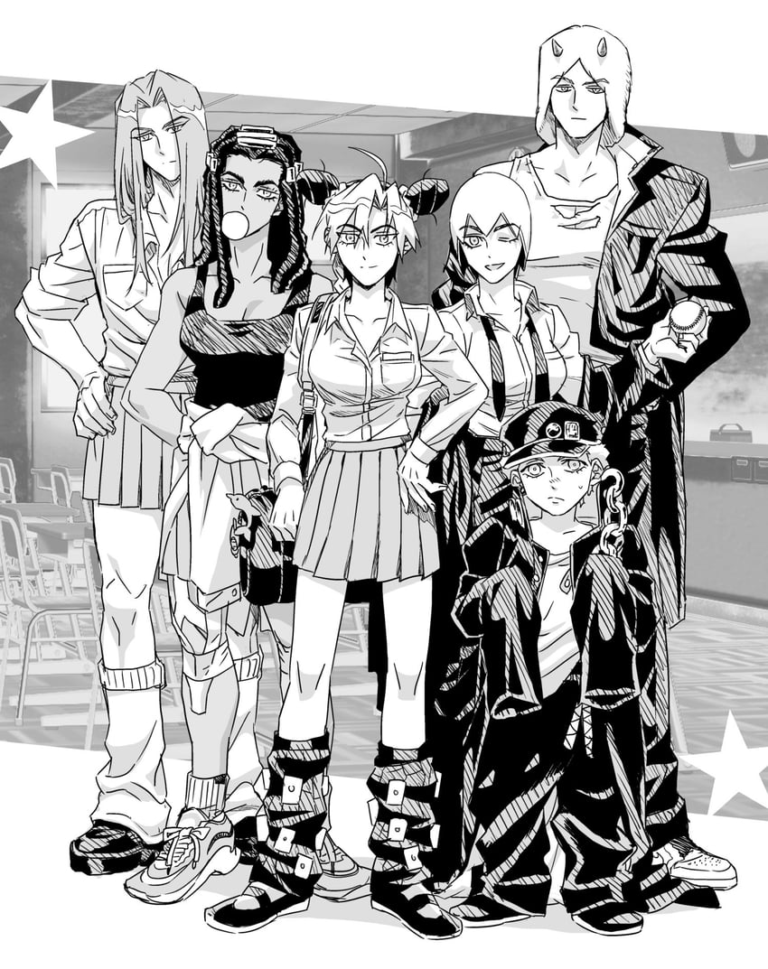 kujo jotaro, kujo jolyne, narciso anasui, foo fighters, ermes costello, and 2 more (jojo no kimyou na bouken and 2 more) drawn by jeonjin_(mynamebazin)
