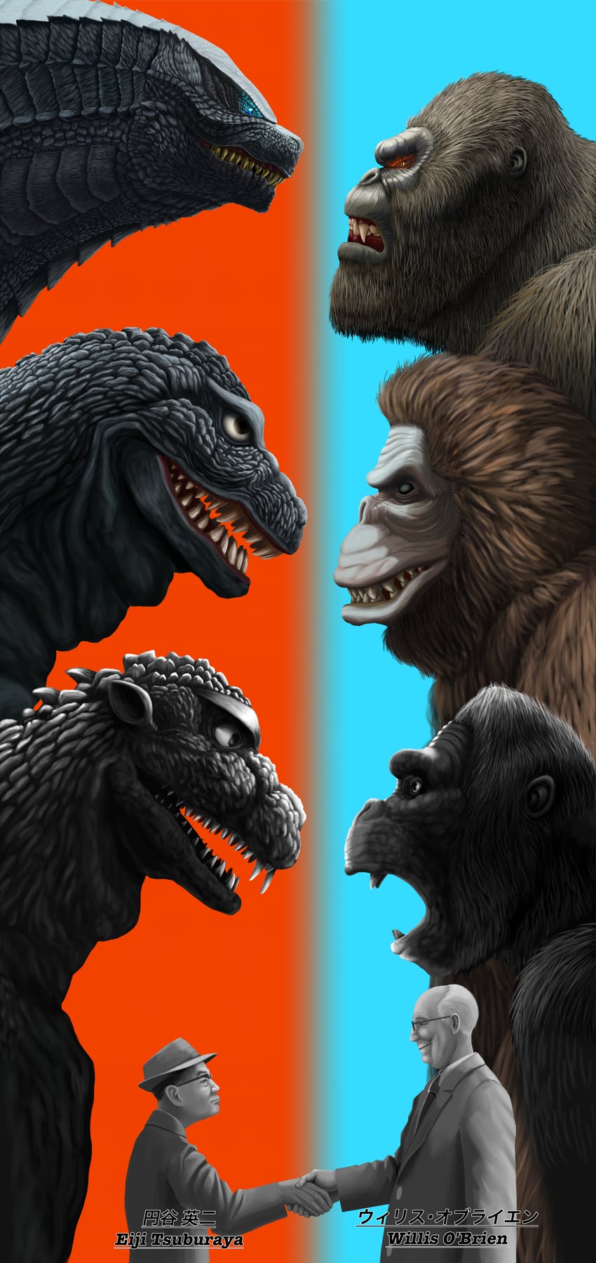 godzilla, king kong, kong, willis o'brien, and tsuburaya eiji (real life and 7 more) drawn by amanatto