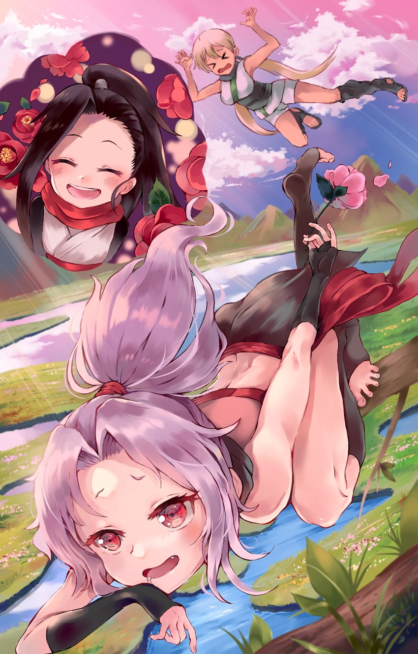 tsubaki, sazanka, and asagao (kunoichi tsubaki no mune no uchi) drawn by mijuruuu