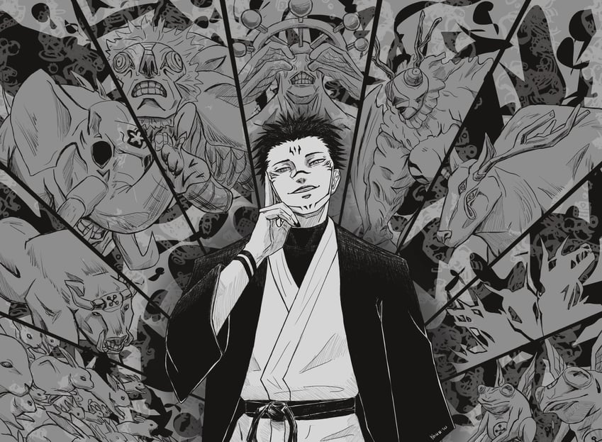 fushiguro megumi, ryoumen sukuna, mahoraga, datto, nue, and 3 more (jujutsu kaisen) drawn by khuu-su