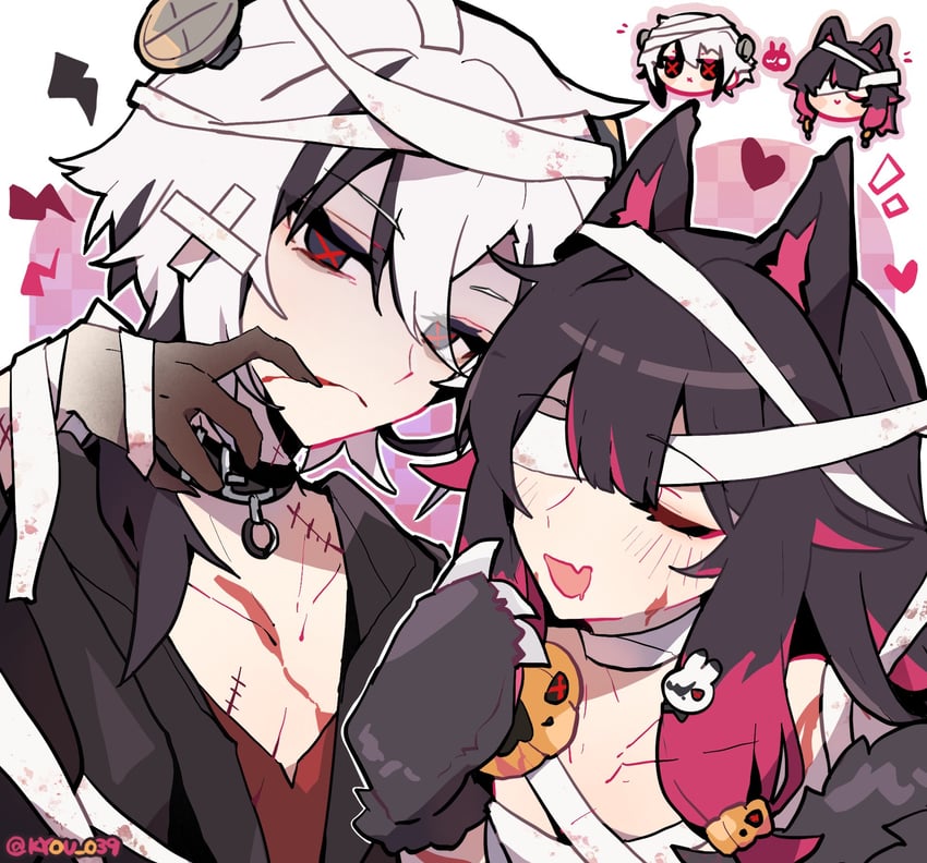 arlecchino, columbina, and frankenstein's monster (genshin impact) drawn by kyou_039