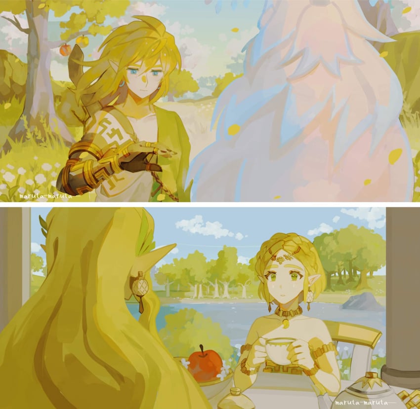 link, princess zelda, sonia, and rauru (the legend of zelda and 1 more) drawn by maruta_maruta