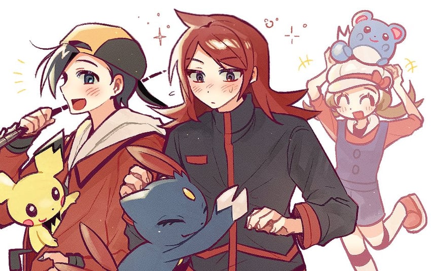 ethan, lyra, silver, pichu, marill, and 1 more (pokemon and 1 more) drawn by kong_(6ki3ki)