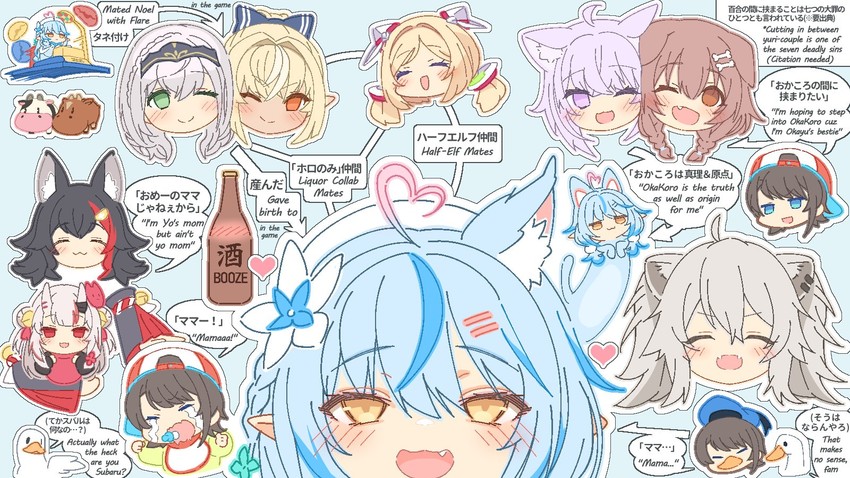 nekomata okayu, ookami mio, oozora subaru, shirogane noel, inugami korone, and 6 more (hololive and 1 more) drawn by tataki_tuna
