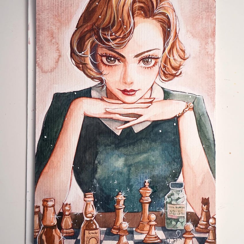 anya taylor-joy and elizabeth harmon (the queen's gambit) drawn by karin_park