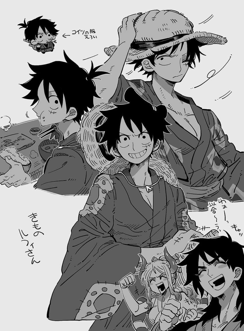 monkey d. luffy, yamato, and kouzuki momonosuke (one piece) drawn by htth8yhixd0wjbj