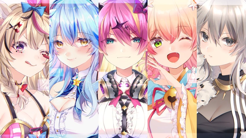 yukihana lamy, shishiro botan, omaru polka, momosuzu nene, and mano aloe (hololive) drawn by harui_(hr_x9_)
