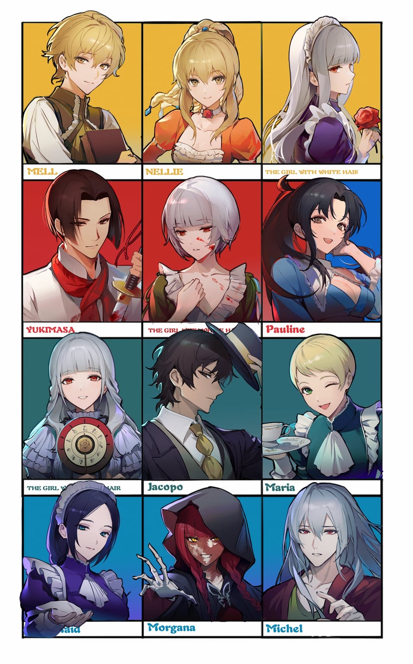 morgana, the white-haired girl, jacopo bearzatti, the maid, michel bollinger, and 5 more (fata morgana no yakata) drawn by arashiko_falcom