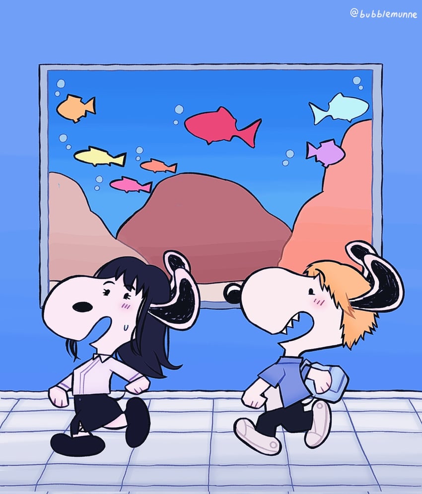 denji, mitaka asa, and snoopy (chainsaw man and 1 more) drawn by bubblemunne