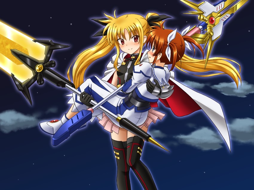 fate testarossa, takamachi nanoha, raising heart, and bardiche (lyrical nanoha and 3 more) drawn by soresuthia