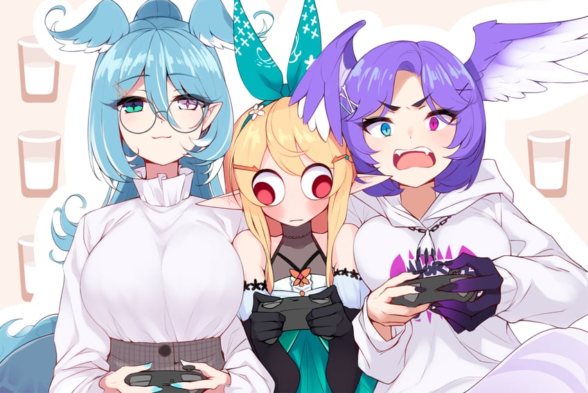elira pendora, selen tatsuki, and pomu rainpuff (nijisanji and 1 more) drawn by ricegnat