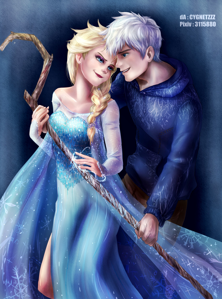 elsa and jack frost (frozen and 1 more) drawn by hakuno_shigeru