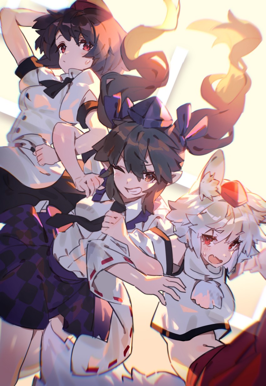 shameimaru aya, inubashiri momiji, and himekaidou hatate (touhou) drawn by u_u_zan