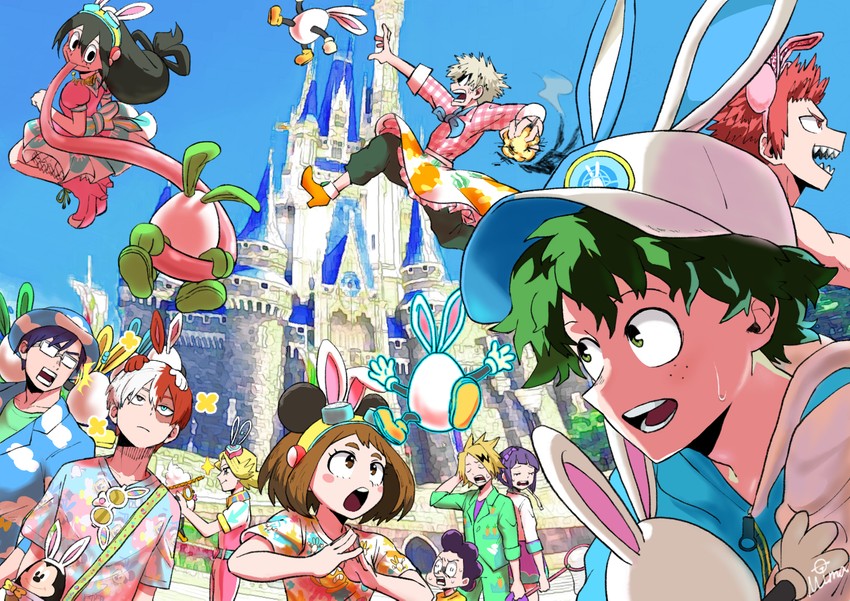 midoriya izuku, uraraka ochaco, bakugou katsuki, todoroki shoto, asui tsuyu, and 6 more (boku no hero academia) drawn by hungry_seishin