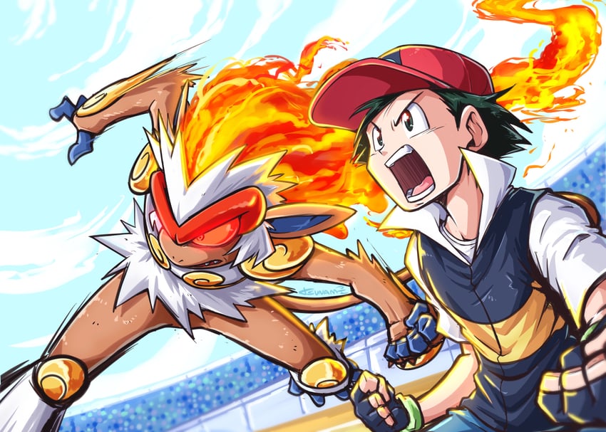 ash ketchum and infernape (pokemon and 1 more) drawn by tsunami_hisoka