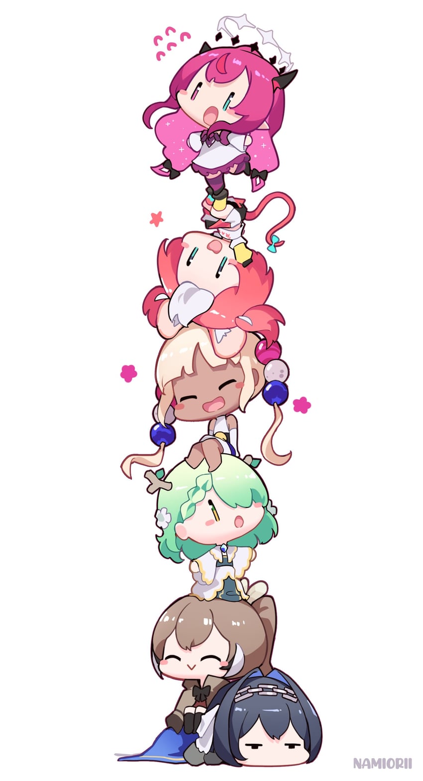 ouro kronii, nanashi mumei, hakos baelz, ceres fauna, irys, and 1 more (hololive and 1 more) drawn by namiorii