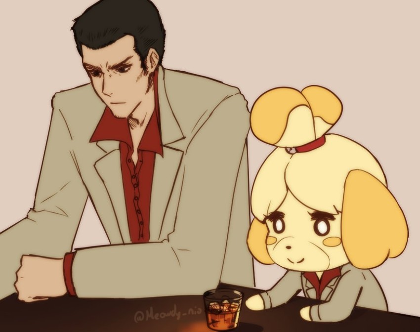 isabelle and kiryu kazuma (animal crossing and 1 more) drawn by meowdy_nio
