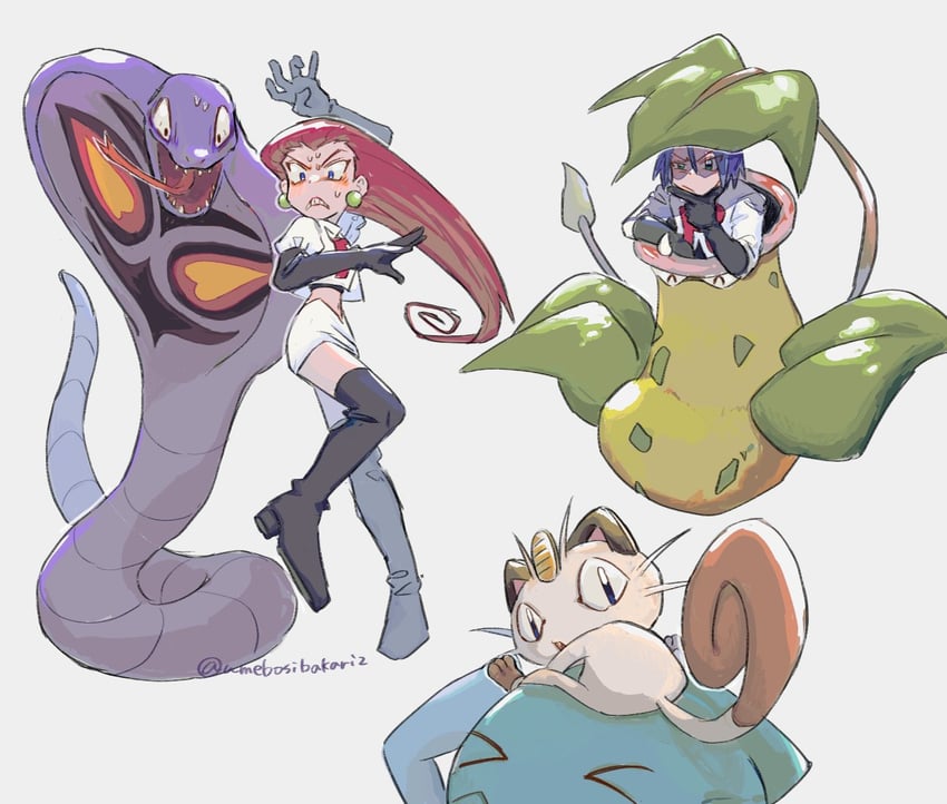 jessie, james, meowth, arbok, wobbuffet, and 1 more (pokemon) drawn by umebosibakari2