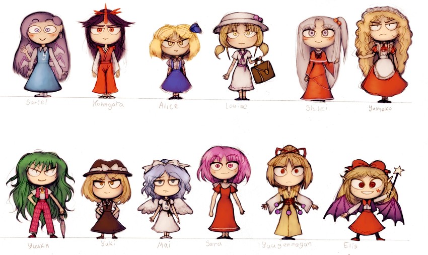 alice margatroid, kazami yuuka, shinki, yumeko, konngara, and 7 more (touhou) drawn by moonywitcher