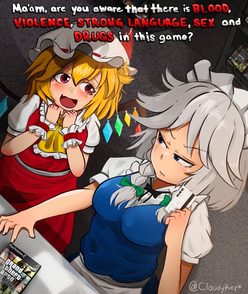 flandre scarlet and izayoi sakuya (touhou and 2 more) drawn by cloudykeyz