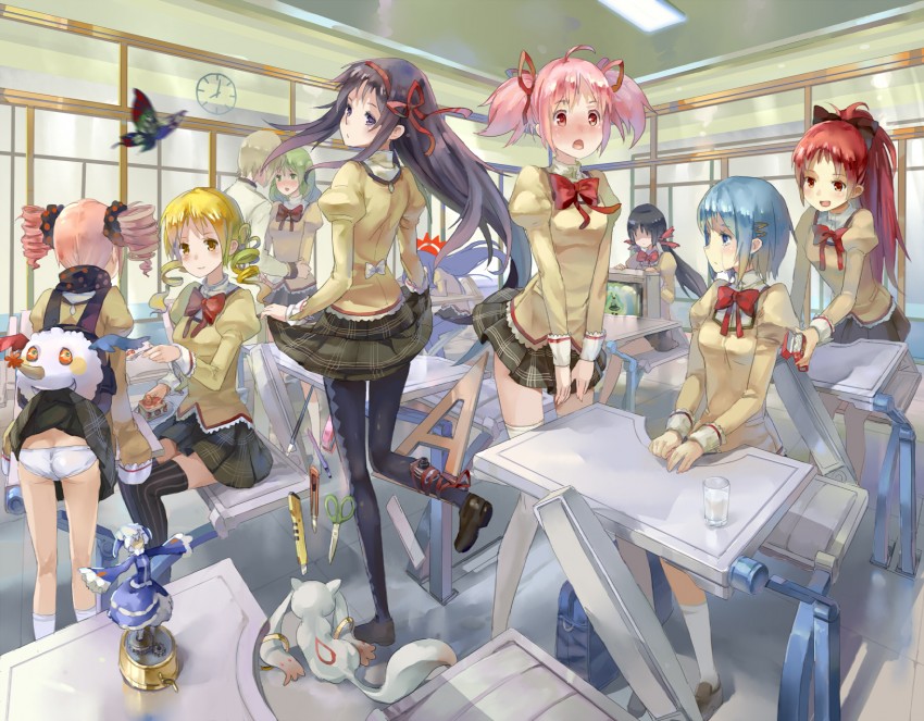 hatsune miku, akemi homura, kaname madoka, miki sayaka, sakura kyoko, and 10 more (vocaloid and 3 more) drawn by 77gl
