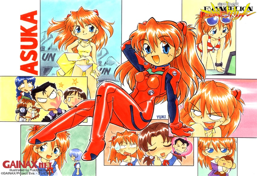 souryuu asuka langley, ayanami rei, ikari shinji, katsuragi misato, aida kensuke, and 2 more (neon genesis evangelion) drawn by fujita_yukihisa