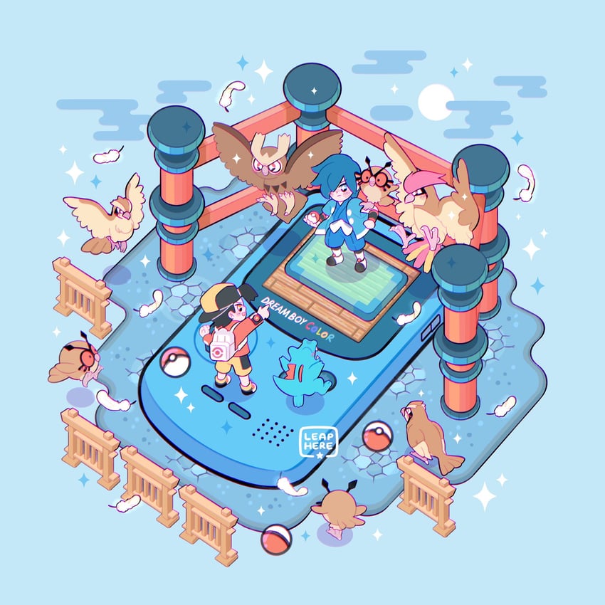ethan, totodile, pidgey, falkner, hoothoot, and 2 more (pokemon and 1 more) drawn by leaphere