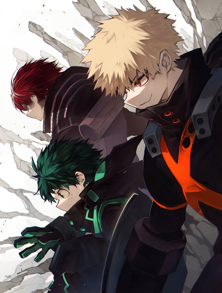 midoriya izuku, bakugou katsuki, and todoroki shoto (boku no hero academia) drawn by ryo_(piggerworld)