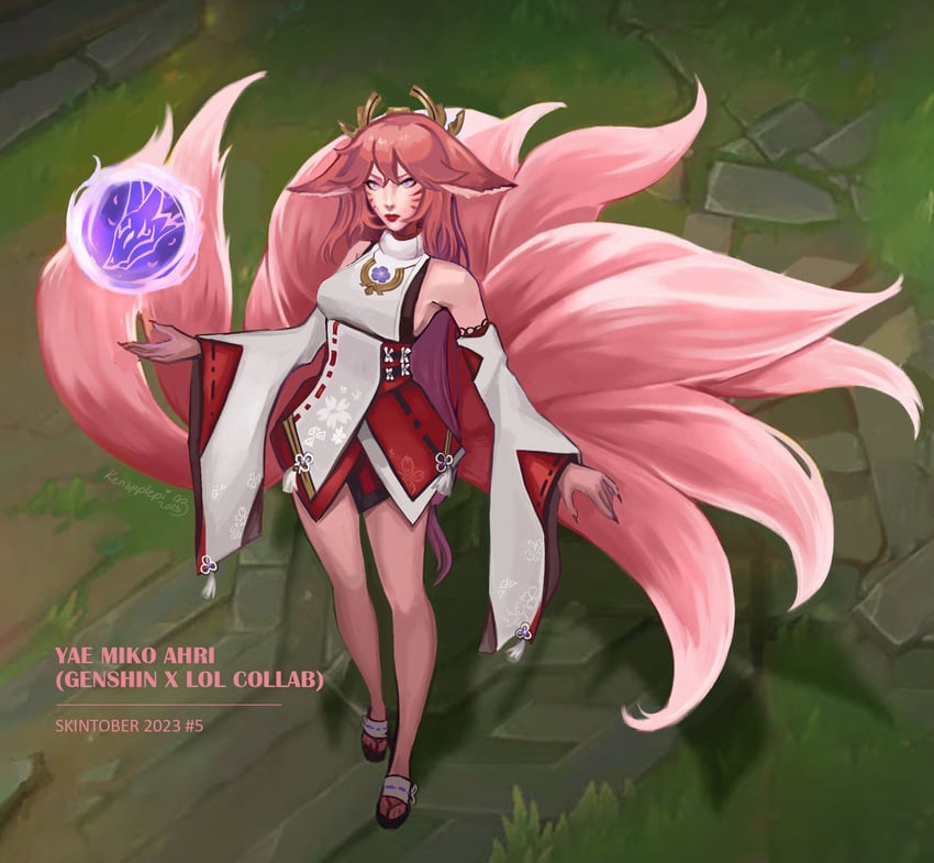 yae miko and ahri (genshin impact and 1 more) drawn by kenapplepi