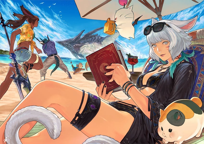 warrior of light, moogle, y'shtola rhul, and dragoon (final fantasy and 1 more) drawn by natsu_kawasaki