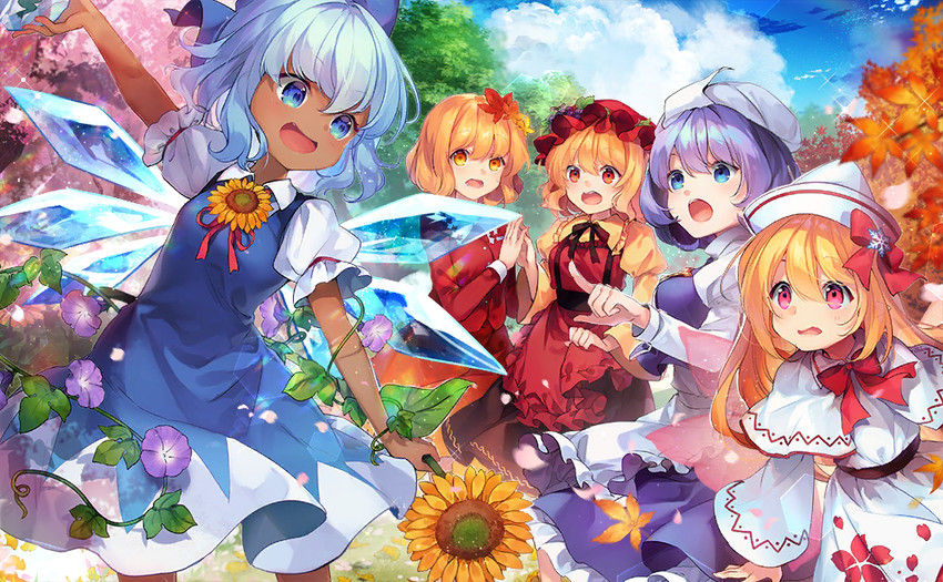 cirno, aki minoriko, letty whiterock, aki shizuha, and tanned cirno (touhou and 2 more) drawn by shinia
