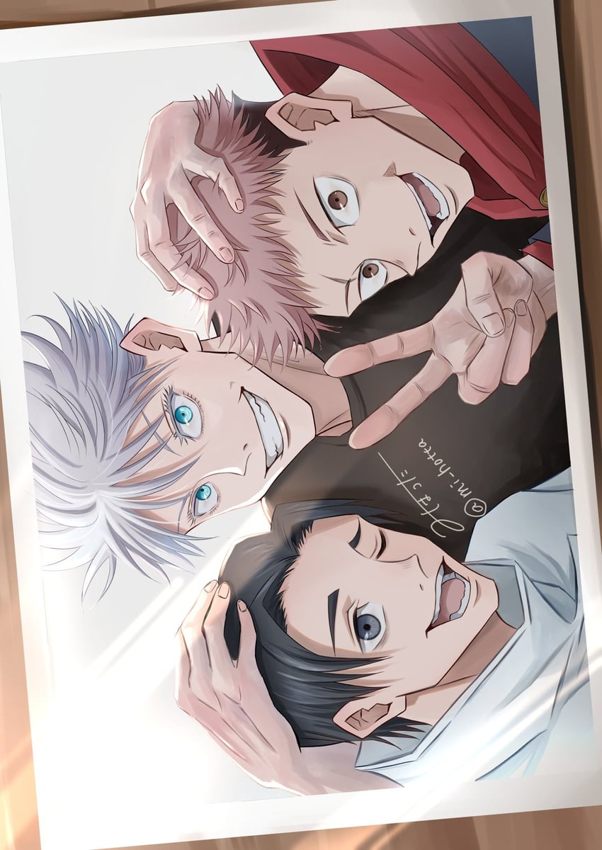 gojou satoru, itadori yuuji, and okkotsu yuuta (jujutsu kaisen) drawn by mi_hotta