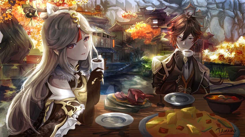 zhongli and ningguang (genshin impact) drawn by t@m@m0