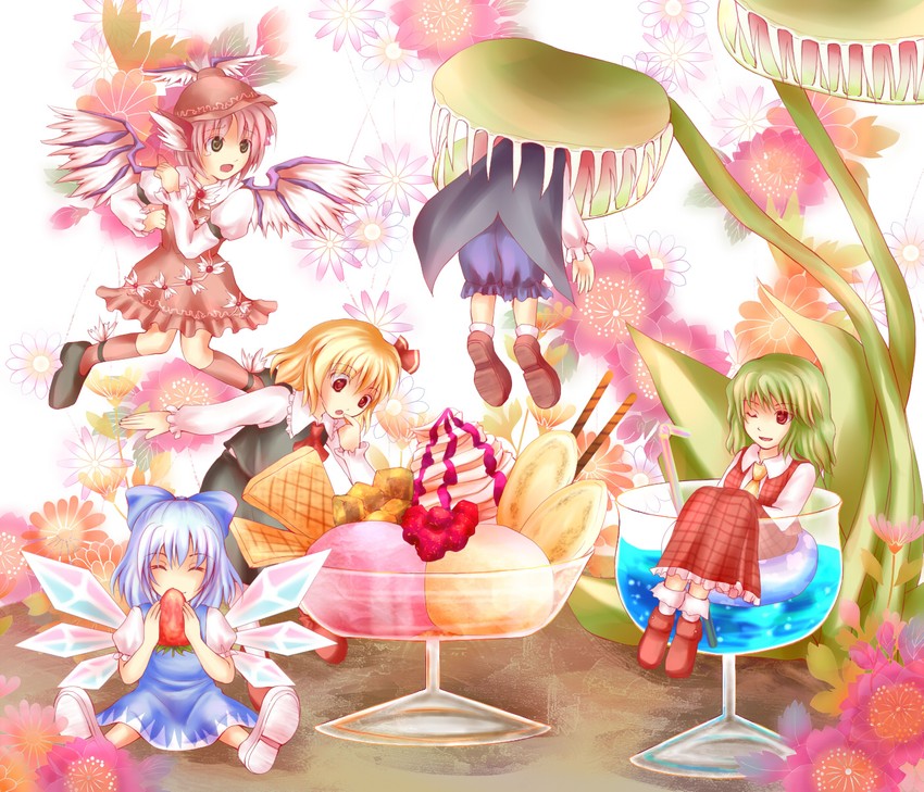 cirno, rumia, kazami yuuka, mystia lorelei, and wriggle nightbug (touhou) drawn by kosaka