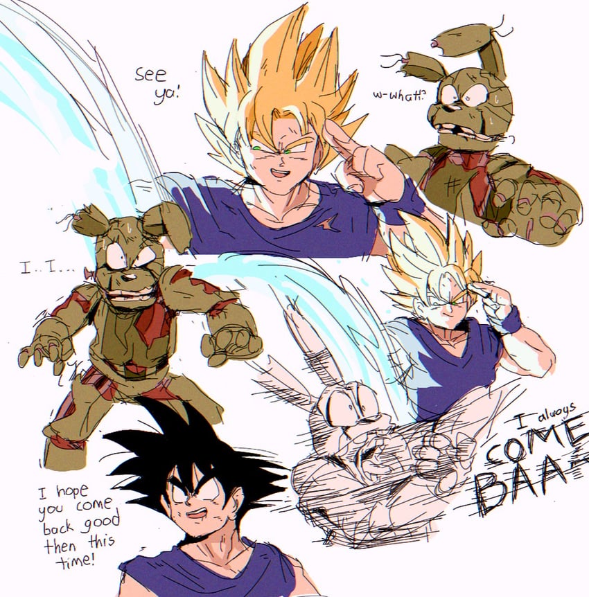 son goku and springtrap (dragon ball and 3 more) drawn by bendedede